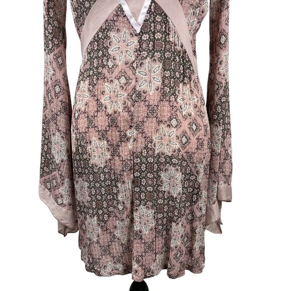 Kookai Mini Dress Size 2 Pink Brown Geometric Floral Long Sleeve Boho Hippie - Picture 3 of 12